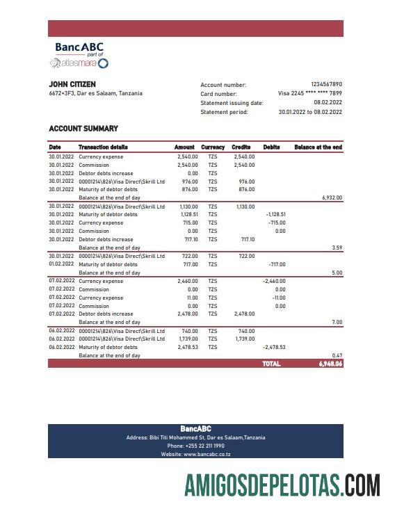 extrato bancário BancABC em branco da Tanzânia, modelo Excel e PDF